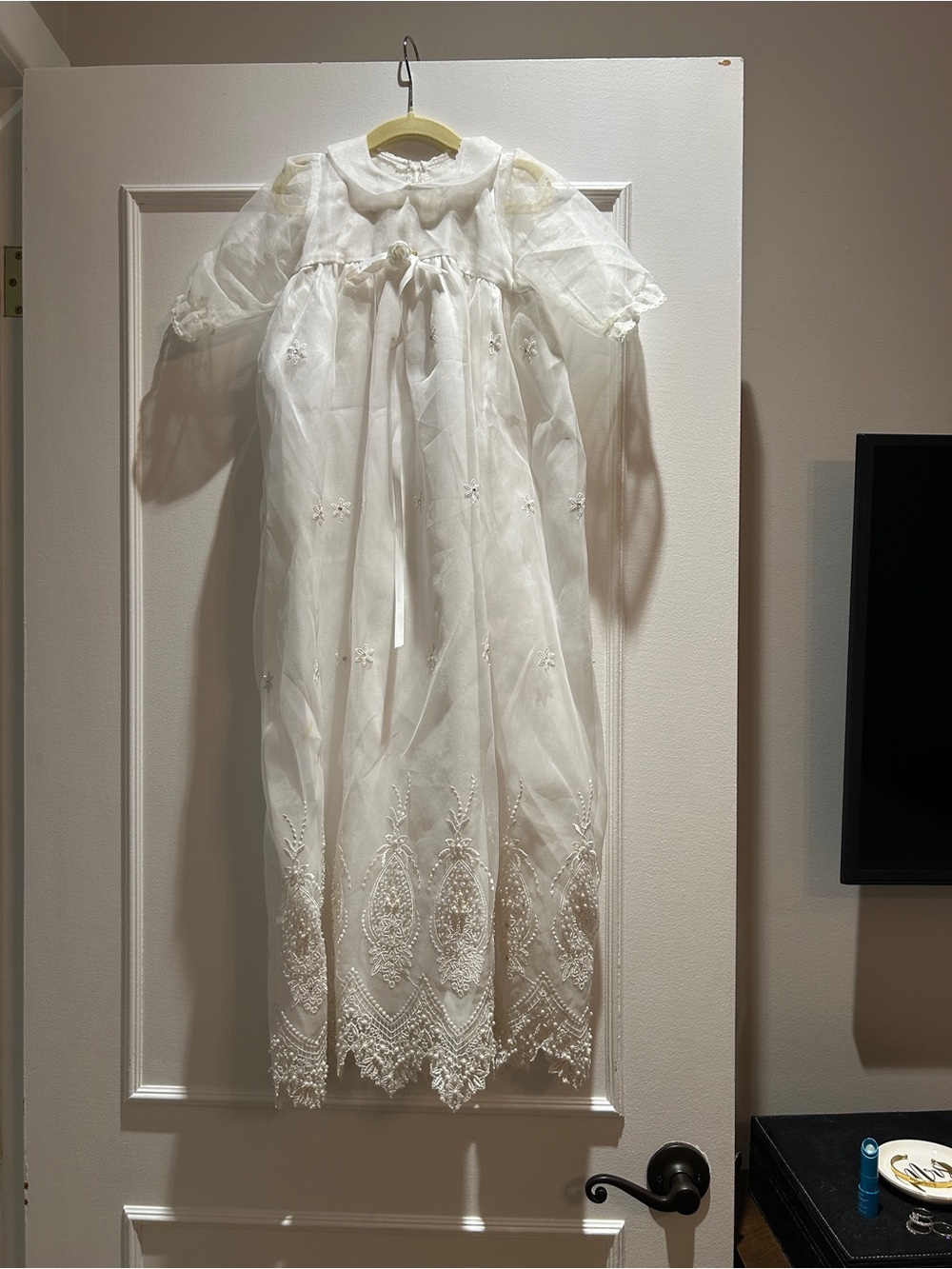 Ivory Lace Christening Gown with Embroidered Hem
